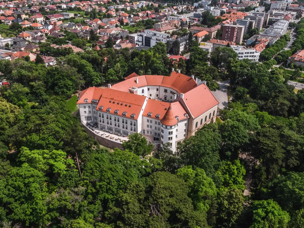 Drone photo of Palace Art Hotel Pezinok, use as accommodation at golf incentive program in Slovakia