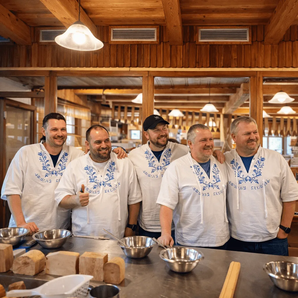 Small group tour in Slovakia – travelers enjoying a traditional Slovak culinary workshop wearing folk-embroidered aprons, gastronomy experience by E-TRAVEL.SK DMC