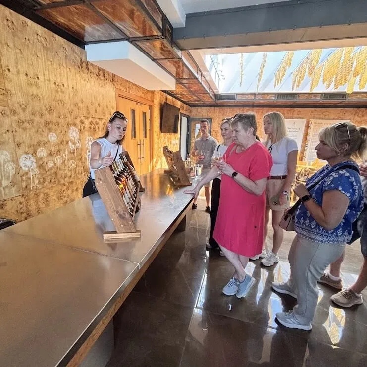 Explora Trnava: Grupo de turistas participando en una degustación de vinos o mieles en una bodega o tienda artesanal local de Trnava, con presentación de productos sobre mostrador de madera.