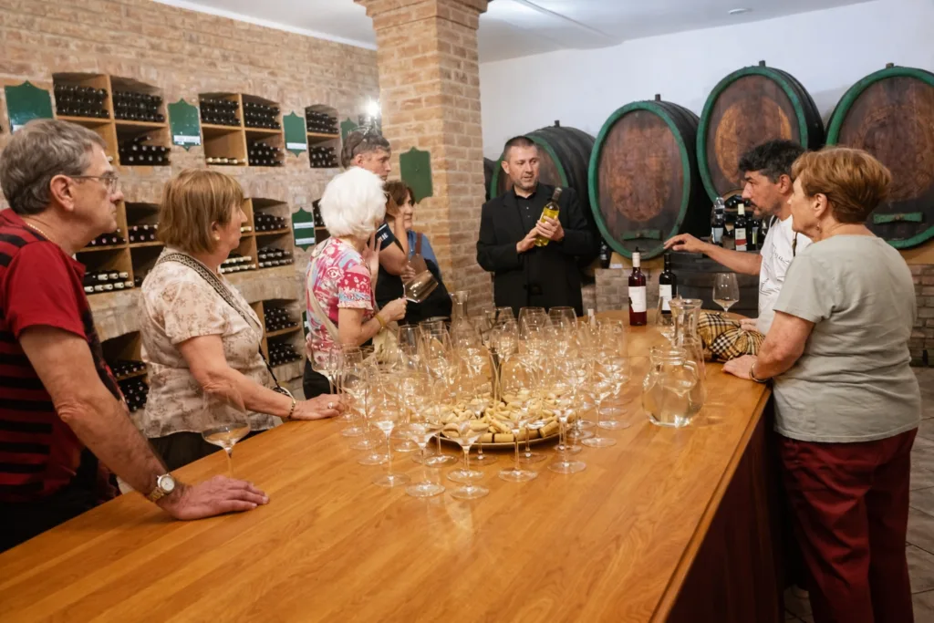 Explanation of English speaking sommelier at Vinnum Gallery Bozen to the clients