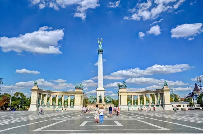 Heroes' Square in Budapest, with the Millennium Monument colonnade and the winged figure on its central column.
