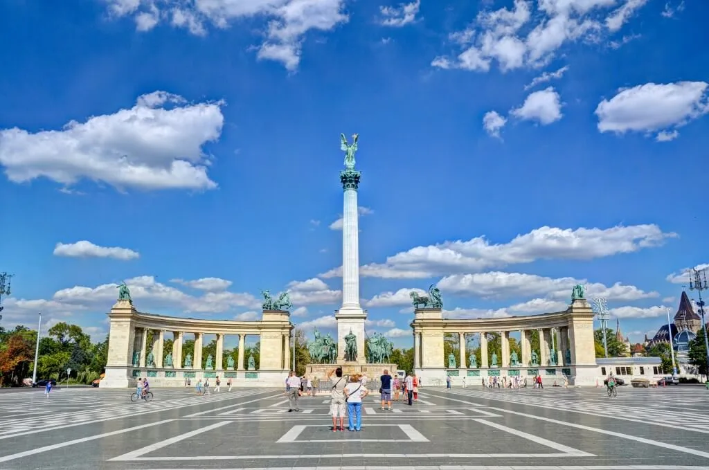 Heroes' Square in Budapest, with the Millennium Monument colonnade and the winged figure on its central column.