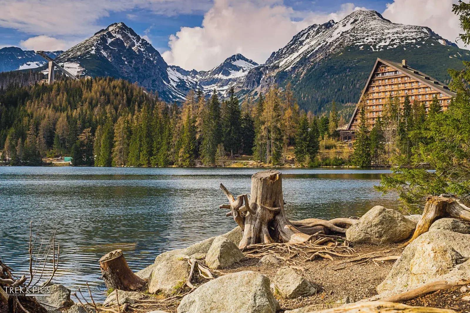 Štrbské Pleso lake below the peaks of the High Tatras, Slovakia.
