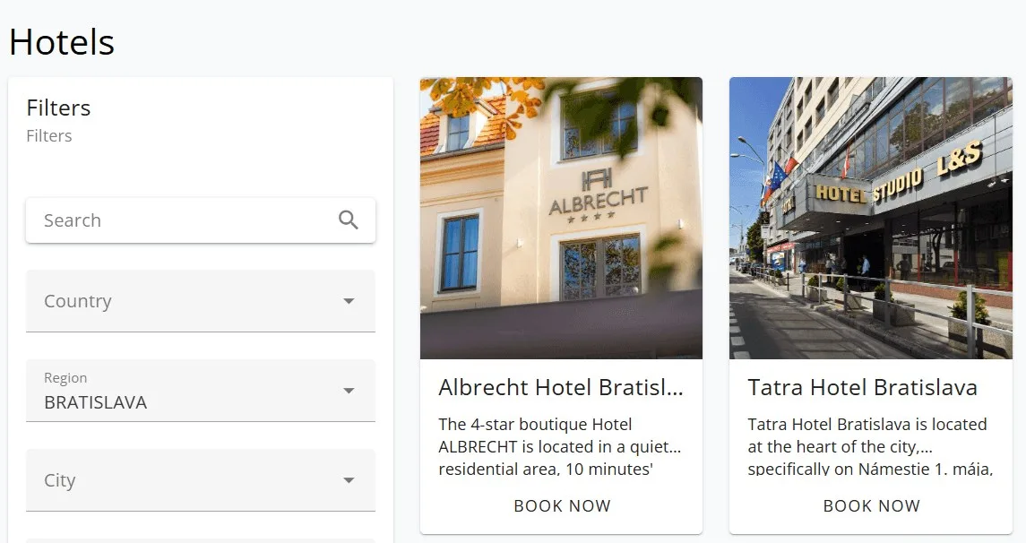 Il portale di prenotazione B2B di e-travel: inventario alberghiero consultabile a Bratislava, prenotabile direttamente.