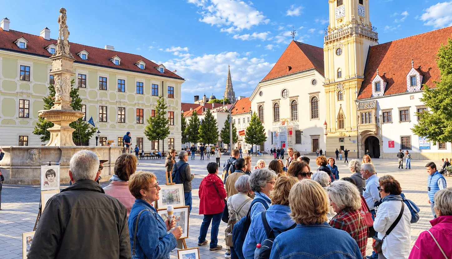 A tour group on Bratislava's Main Square beside the Maximilian Fountain, with the tower of the Old Town Hall behind.