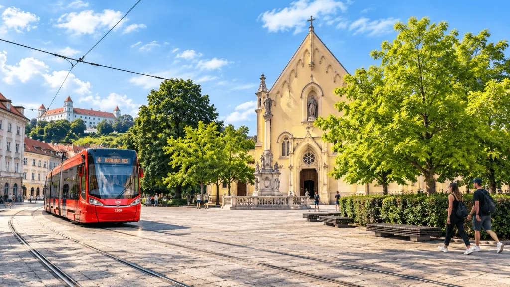 A red tram passing a yellow Gothic church in Bratislava, with the castle on the hill behind.