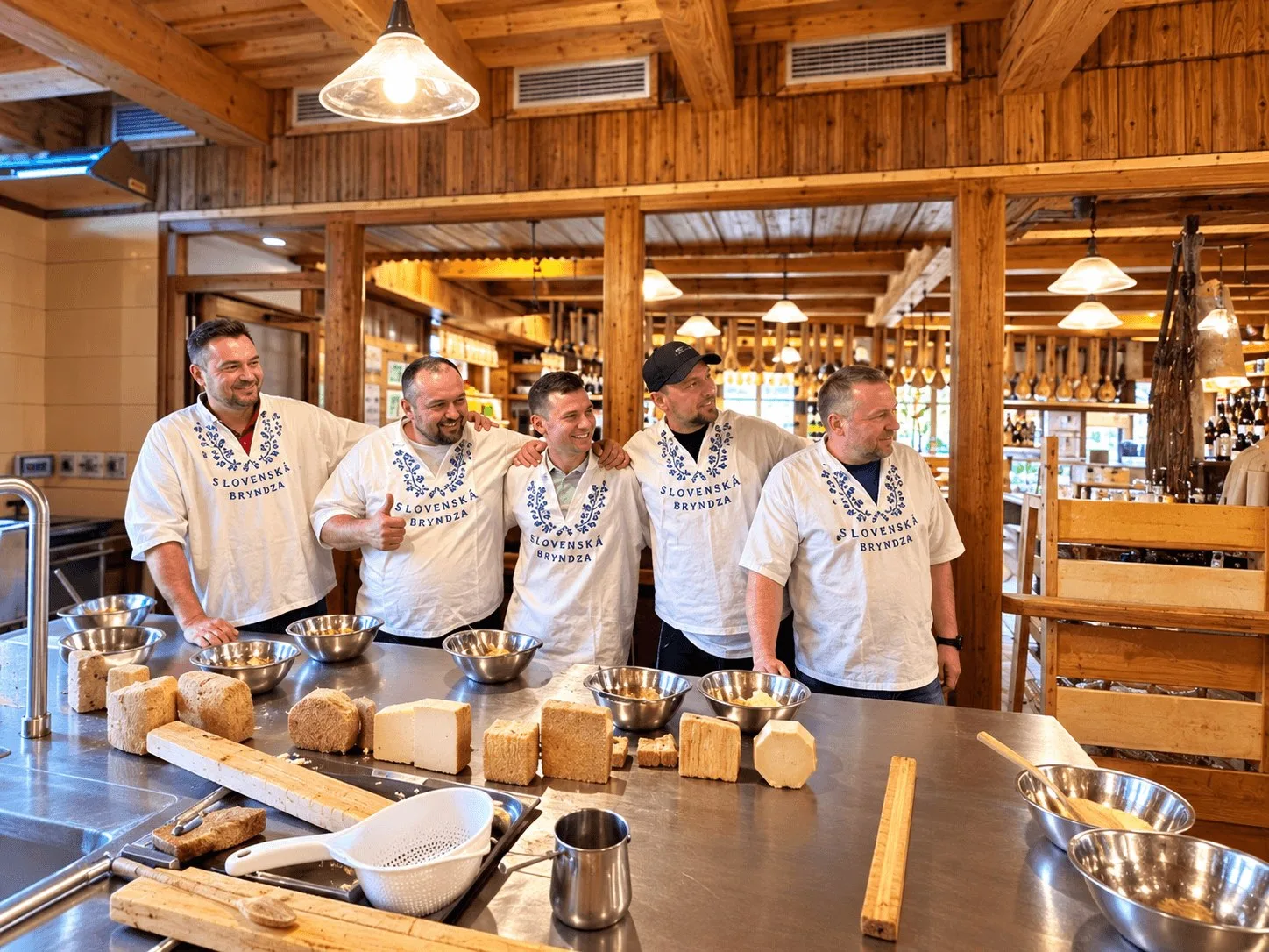 Un groupe en chemises brodées Slovenská bryndza lors d'un atelier de fabrication de fromage de brebis en Slovaquie, avec des blocs de fromage frais et des bols à mélanger sur le comptoir devant eux.