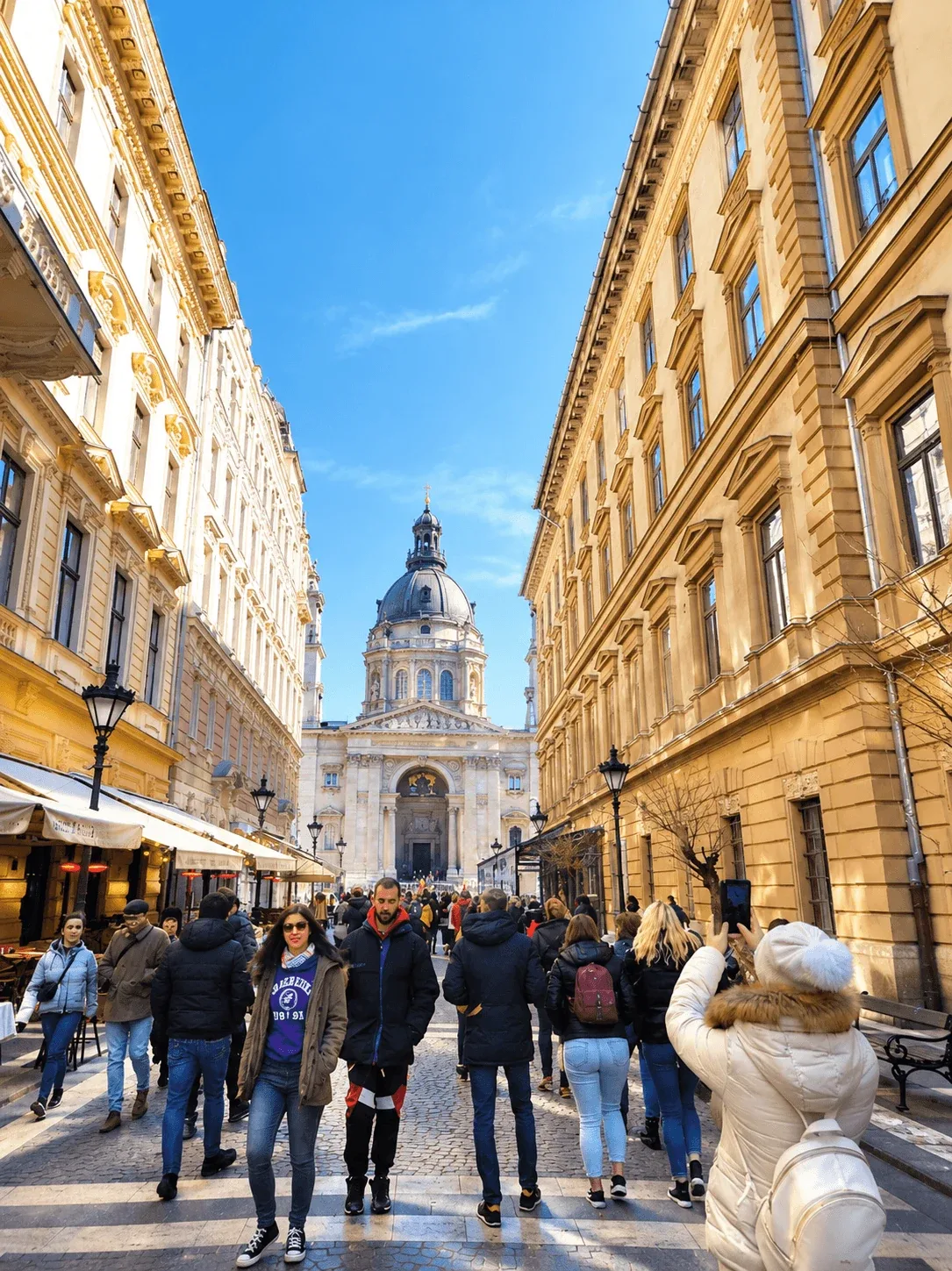 La basilique Saint-Étienne de Budapest au bout d'une rue piétonne bordée de terrasses de café, son dôme s'élevant au-dessus des passants qui marchent vers elle.