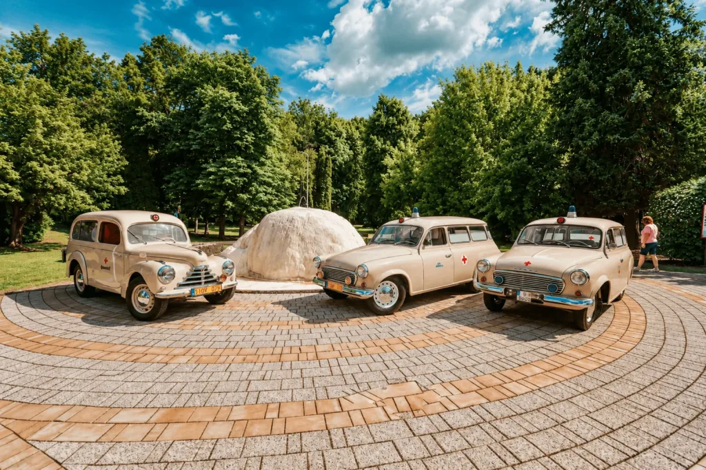 Three vintage ambulances on display around a white stone mound in the spa park at Dudince.