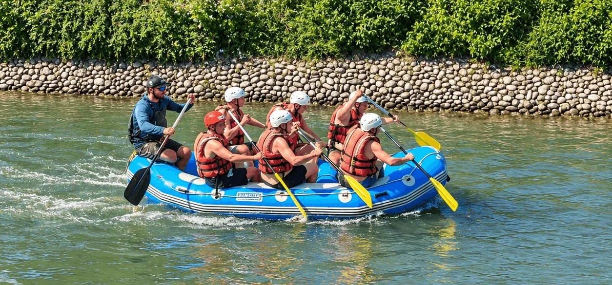 Un groupe faisant du rafting avec un instructeur sur le parcours en eaux vives du Centre de sports nautiques de Čunovo près de Bratislava.