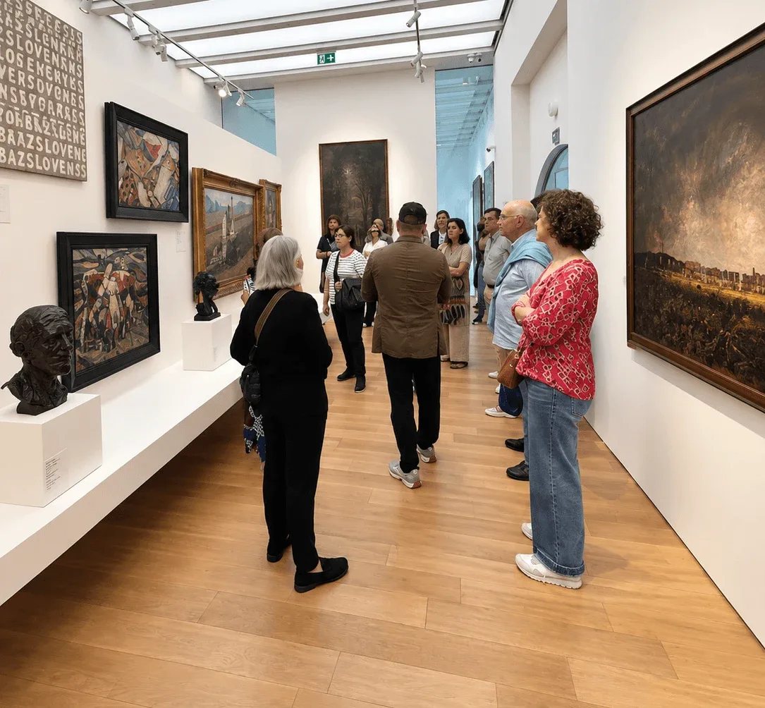 Un grupo en una visita guiada por una sala de exposiciones con luz cenital de la Galería Nacional Eslovaca en Bratislava, entre pinturas y esculturas.