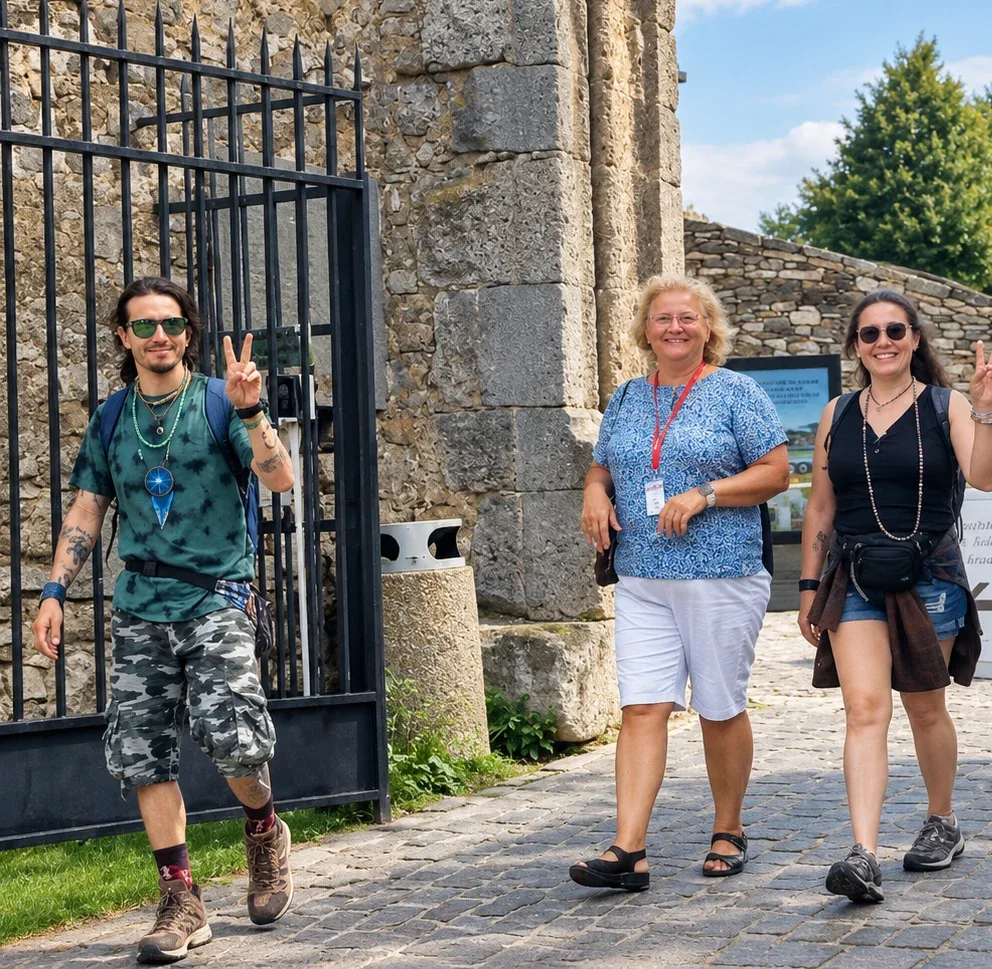 Un guía caminando con huéspedes sonrientes a través de la puerta de piedra de un castillo en un día soleado.