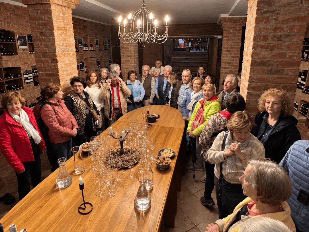Un groupe lors d'une dégustation de vins dans une cave voûtée en briques, réuni autour d'une longue table en bois garnie de verres et de bouteilles.