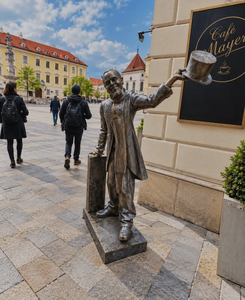The bronze statue of Schöne Náci raising his top hat outside Café Mayer on Bratislava’s Main Square.