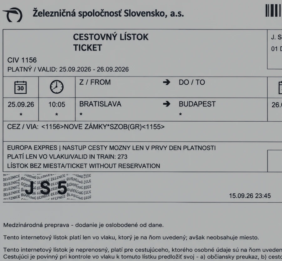 Un billete de ejemplo de los Ferrocarriles Eslovacos (ZSSK) de Bratislava a Budapest.
