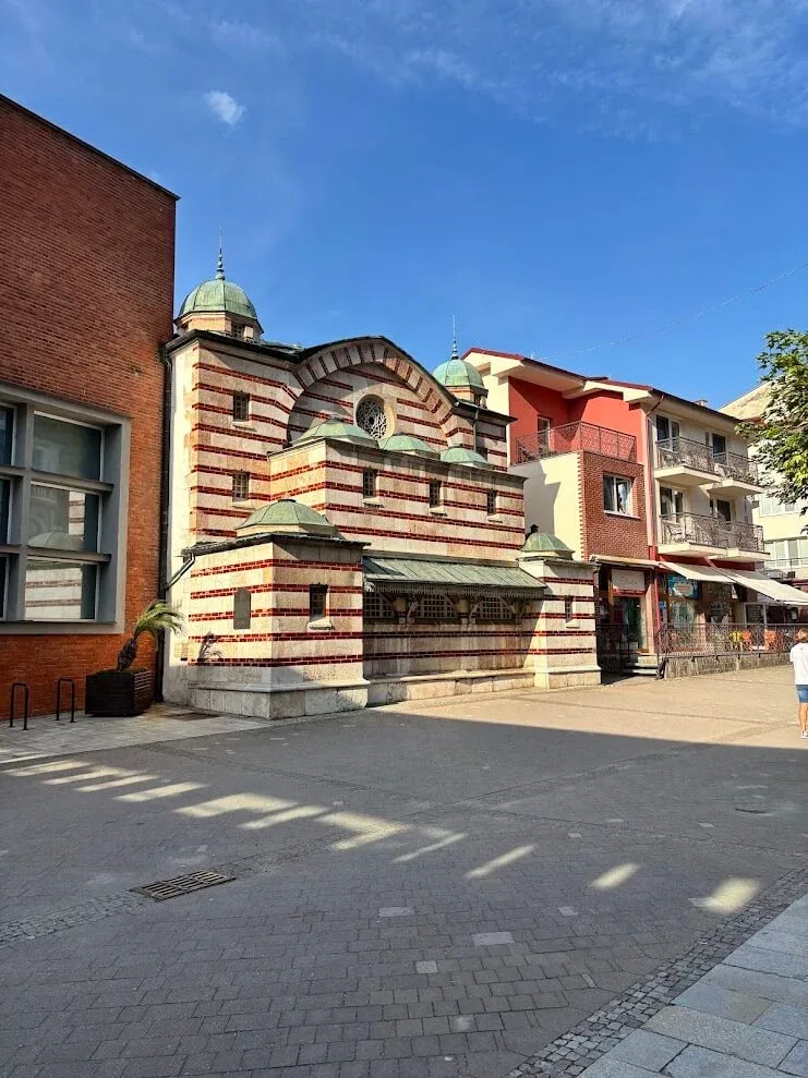 The Hammam bathhouse in Trenčianske Teplice, with its Moorish-style striped façade and green copper domes.