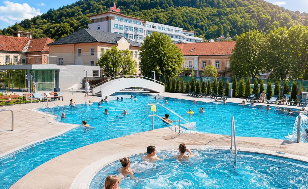 Bathers in the outdoor thermal pools in Trenčianske Teplice on a summer day, with the PAX hotel on the wooded hillside behind.