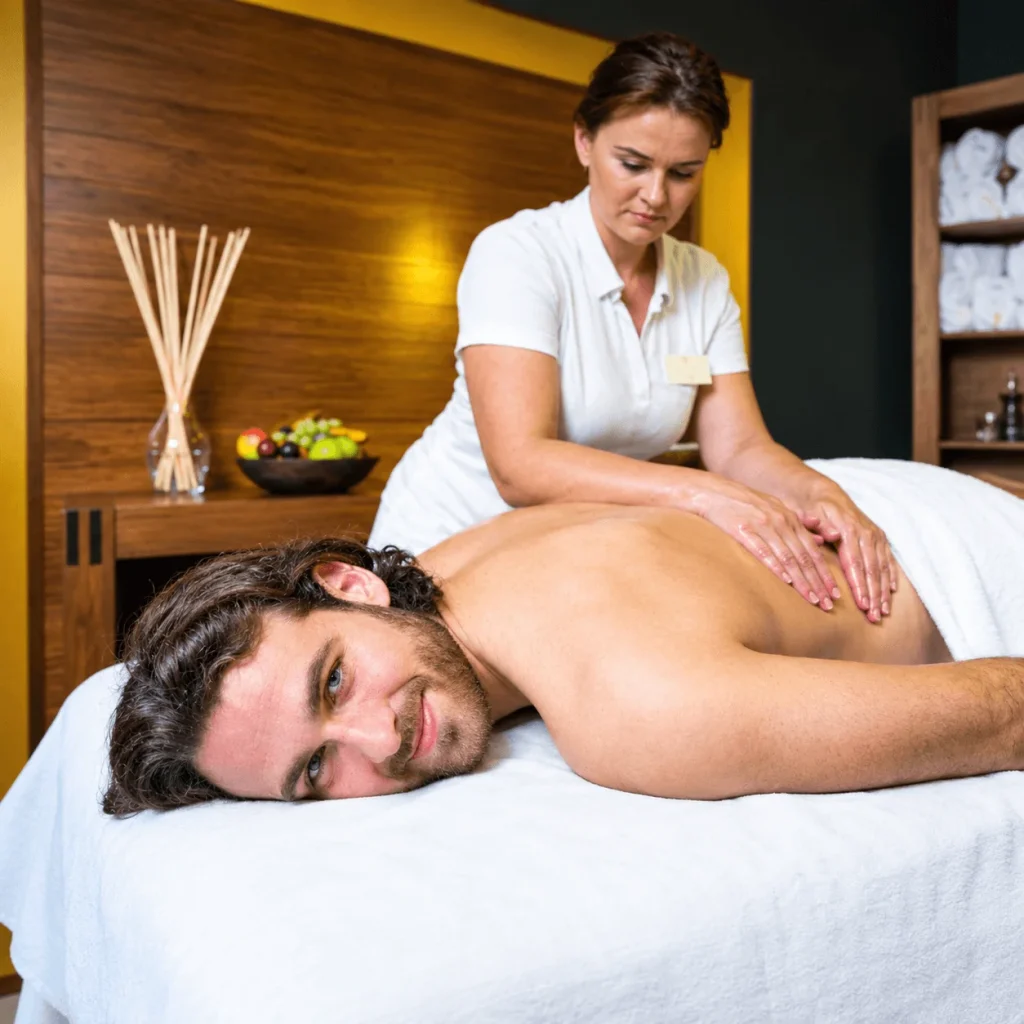 A therapist giving a guest a back massage in a treatment room at the spa in Turčianske Teplice.