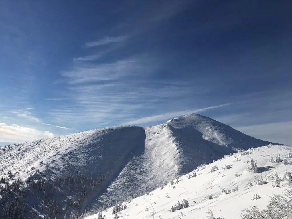 Une crête enneigée dans les monts de la Fatra en Slovaquie, avec des arbres couverts de givre et des traces de ski sur la pente sous un ciel d'hiver dégagé.