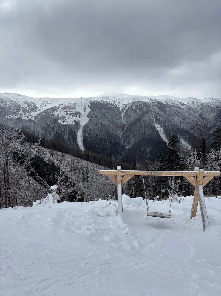 A wooden swing on a snowy hillside above Terchová, looking across to the frosted forest and ski runs of the Malá Fatra.