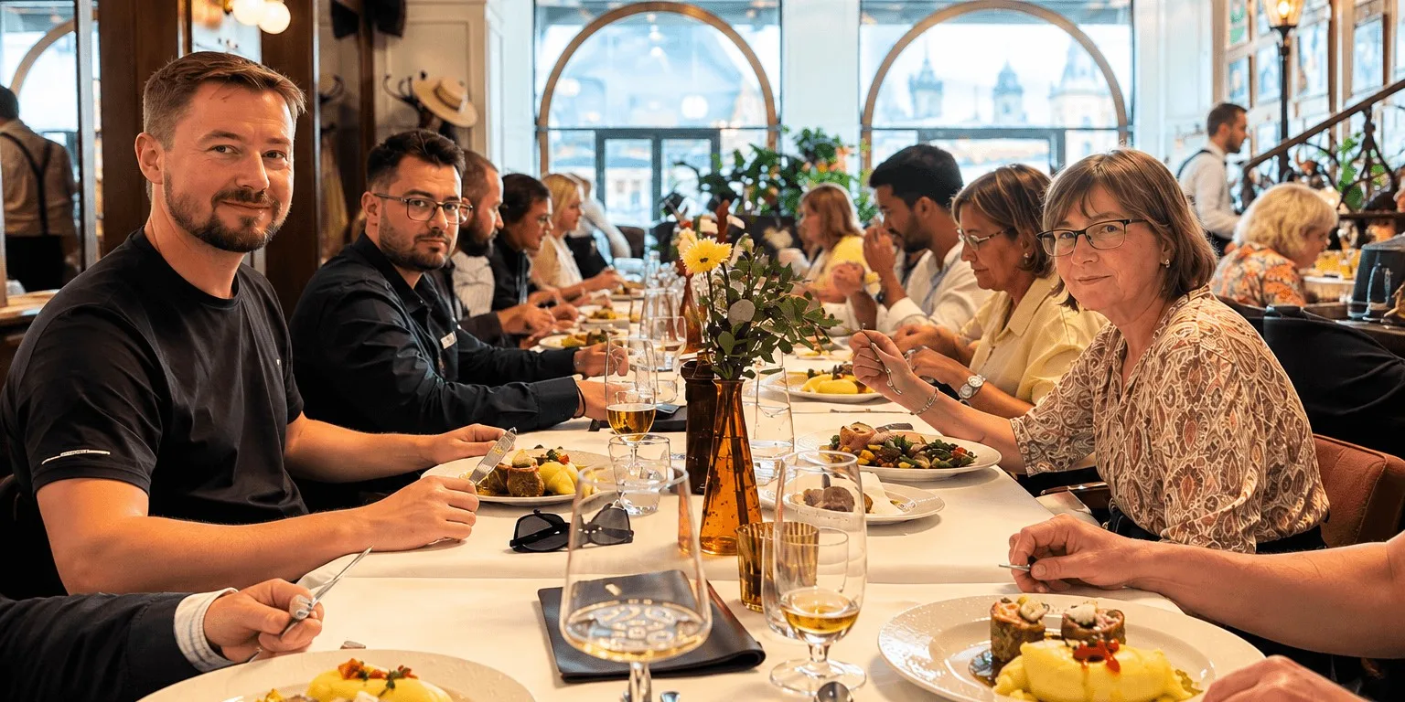 A corporate group at a long table in a Bratislava restaurant, with the old town through the windows.