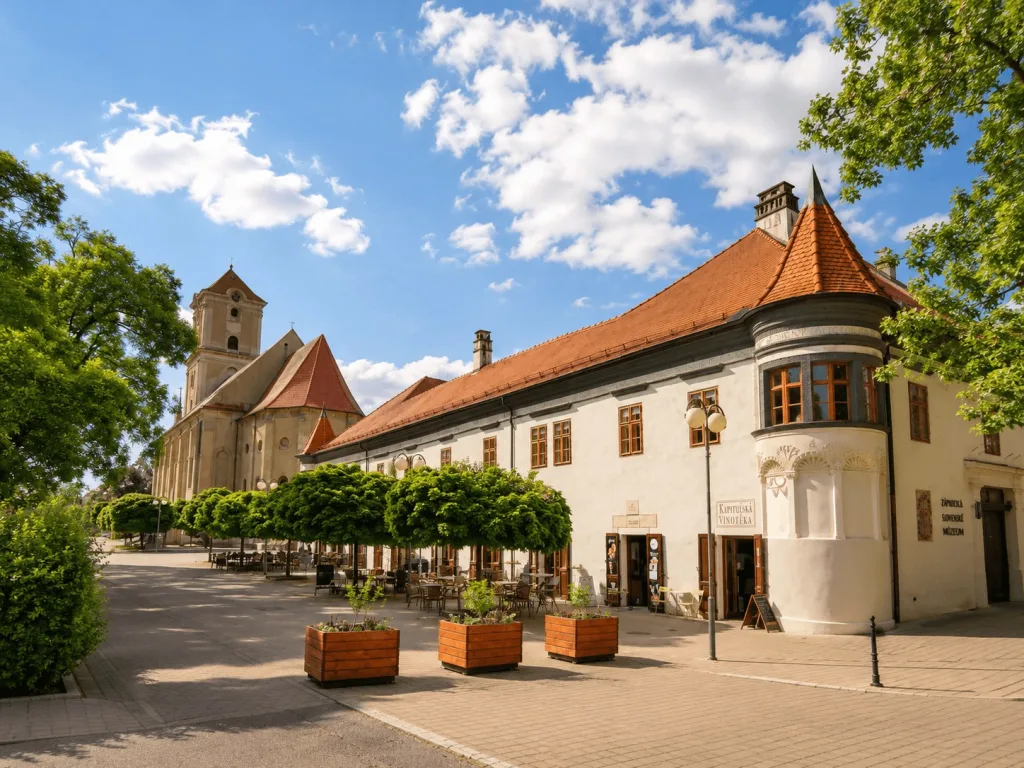 The main square in Pezinok, with the church tower, a wine shop and cafe tables under clipped trees.