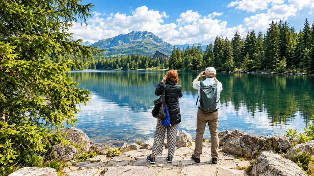 Deux visiteurs photographiant le lac de Štrbské Pleso et les sommets des Hautes Tatras en Slovaquie.