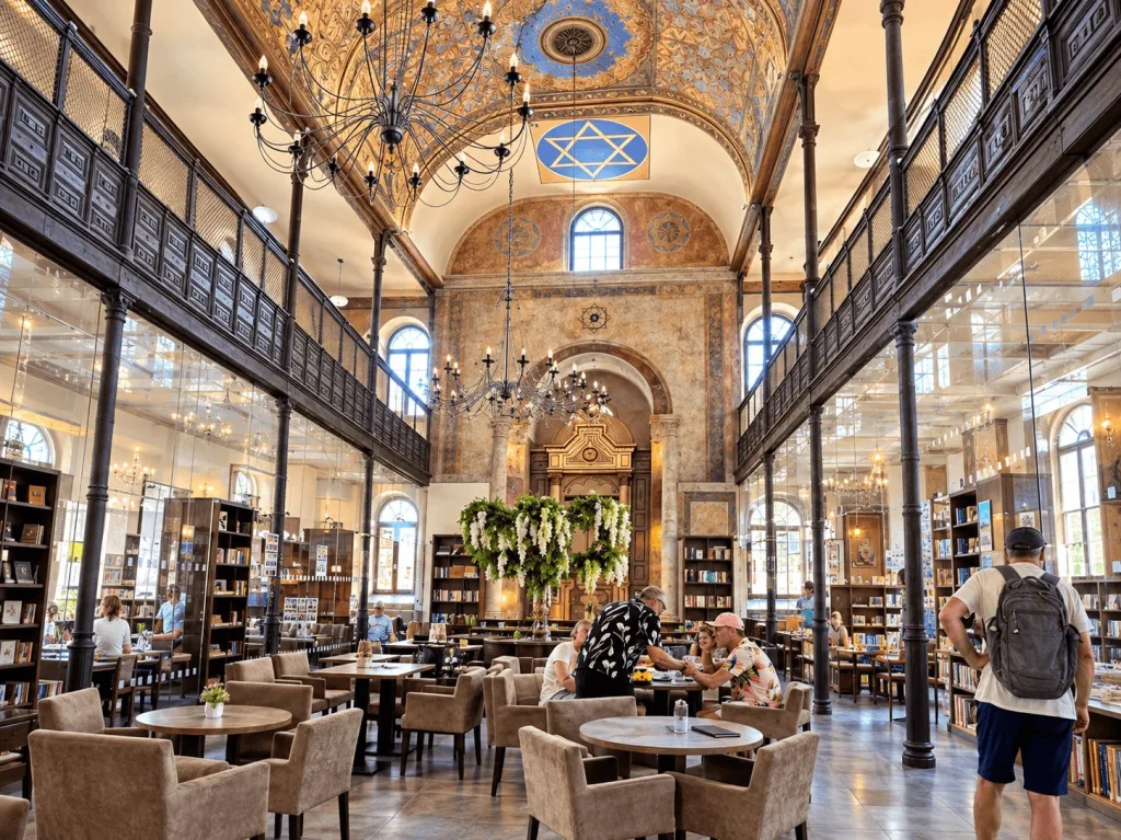 L'ancienne synagogue de Trnava, restaurée en café-librairie, avec ses voûtes peintes, ses galeries en fer et une fenêtre en forme d'étoile de David.