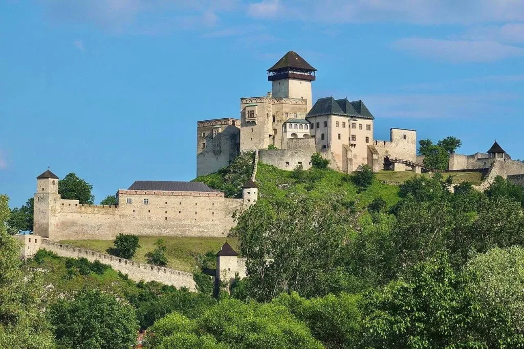 Trenčín Castle on its rock above the town, the Matthew Tower rising over the palace buildings and long curtain walls.