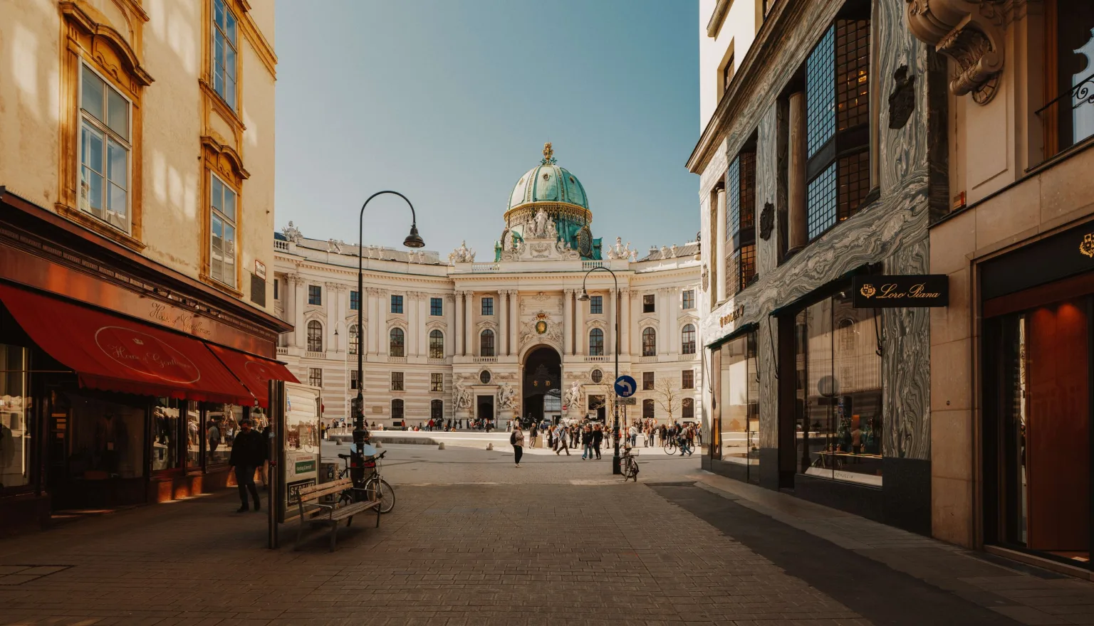 Michaelerplatz in late afternoon light, looking towards the Hofburg dome, Vienna.