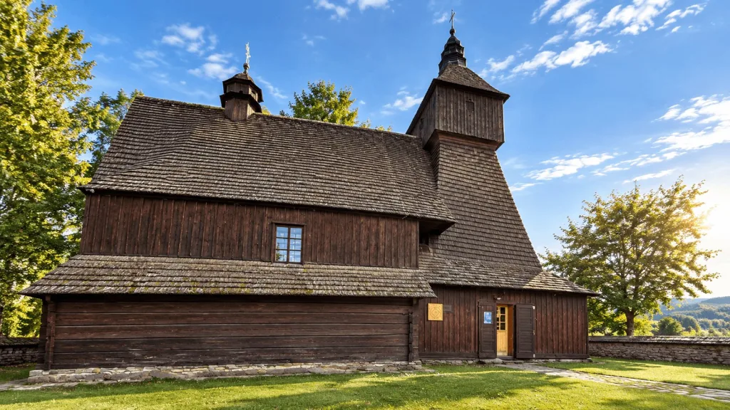L'église en bois de Hronsek en Slovaquie, avec son toit de bardeaux et son clocher en bois.