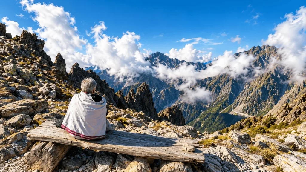 A visitor wrapped in a blanket on a wooden bench at Lomnické sedlo in the High Tatras, looking out over the ridges and cloud below.