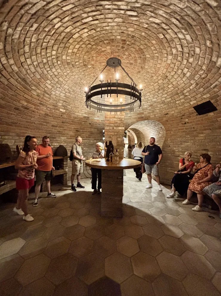 A group at a tasting beneath the domed brick vault of the cellar at Medolandia in Dolná Krupá, a wrought-iron chandelier hanging above the central table.