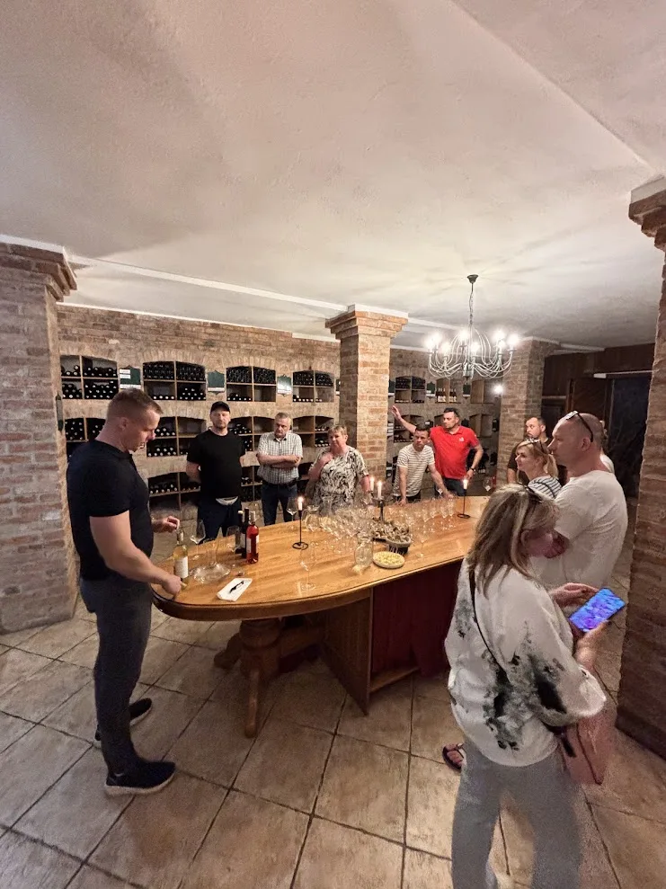 A winemaker pouring for a group around the tasting table in the brick cellar at Matyšák’s Vinum Galeria Bozen in Pezinok, bottles racked along the walls behind him.