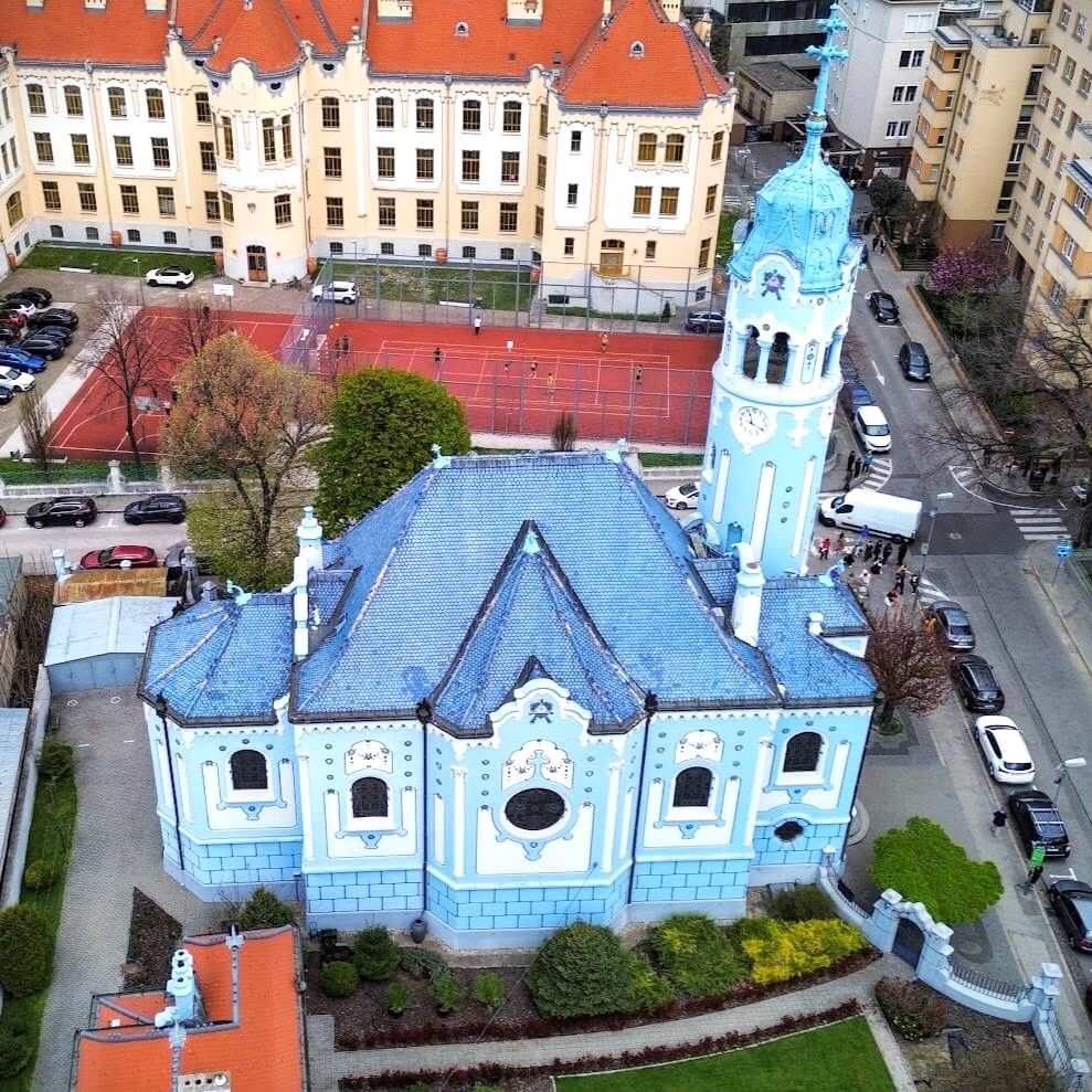 Aerial view of the Blue Church in Bratislava, one of the city's most famous landmarks