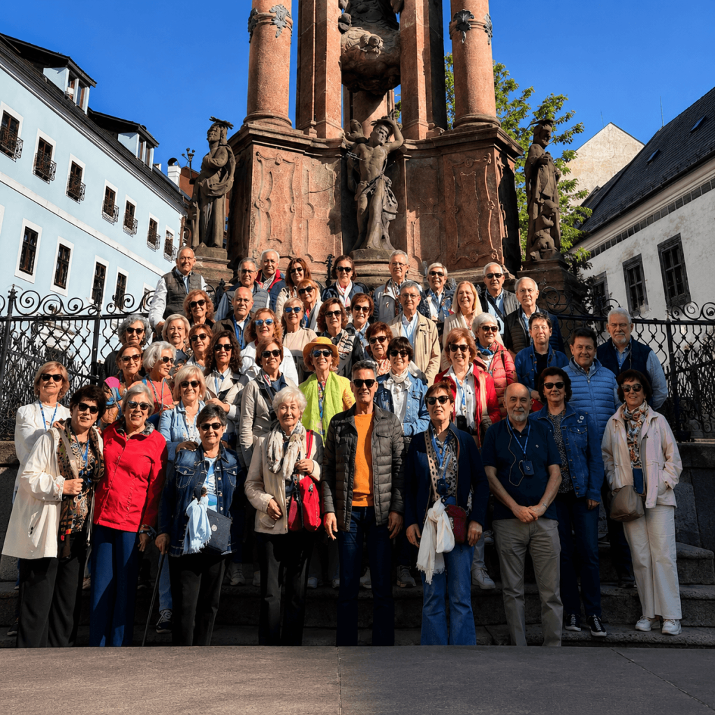 Grand groupe de voyageurs en visite guidée devant 
une fontaine baroque en Europe centrale — circuit 
organisé par e-travel.sk, votre incoming DMC Slovaquie