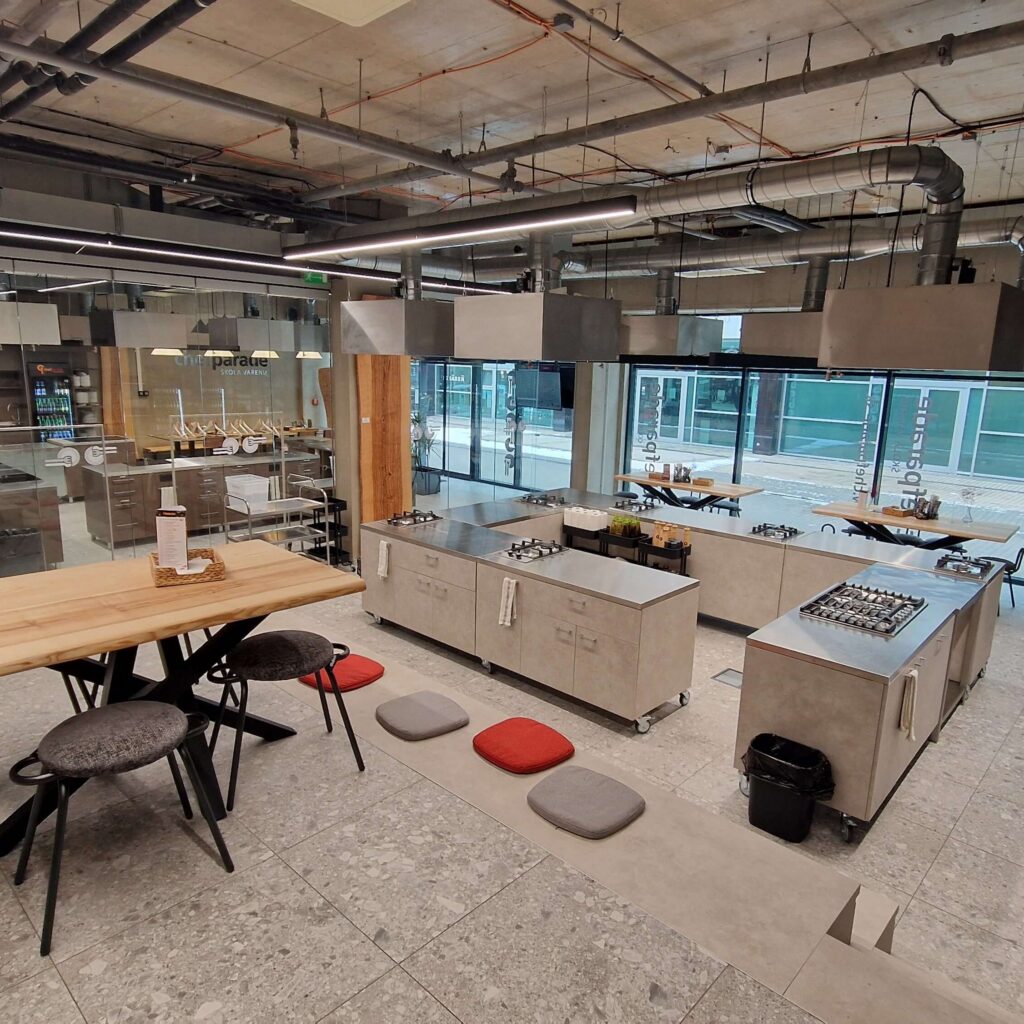 Modern professional cooking class kitchen setup in Bratislava